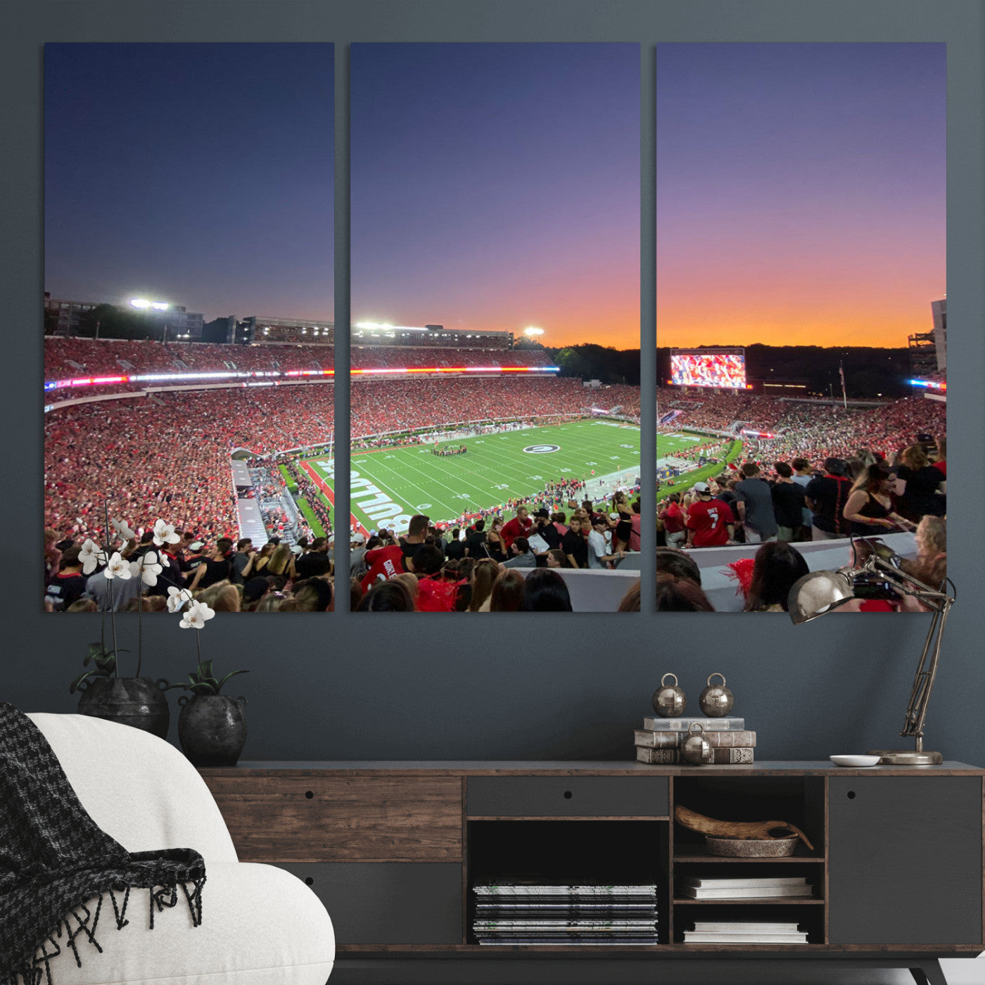 25139565-MGV-CV-36X24-Sanford Stadium Wall Art – Panoramic Georgia Bulldogs Sunset Football Game Canvas Print, Red Crowd Sports Decor for Office, Man