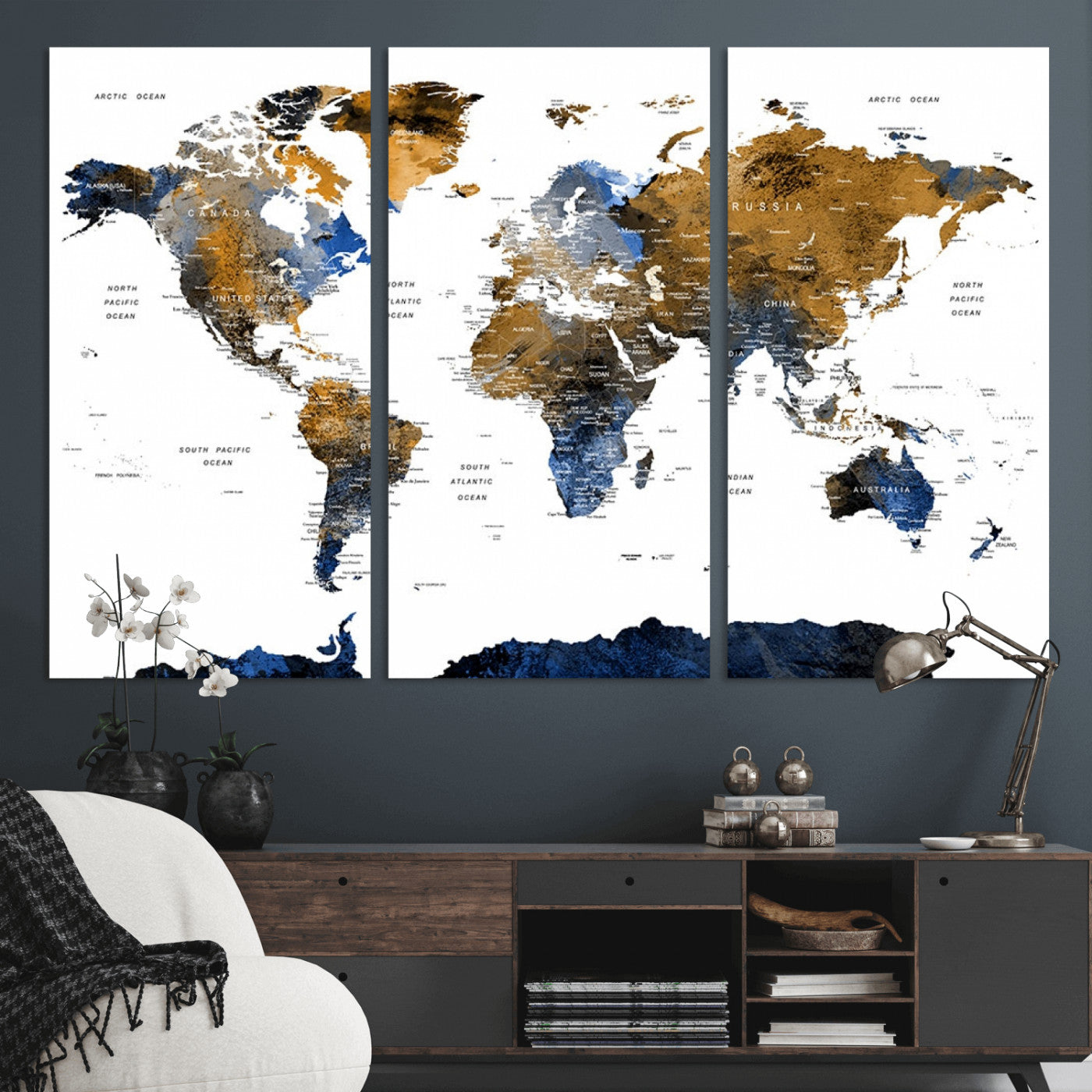 MGV-CV-48X32-3P - World Map Wall Art Canvas Print, Framed Blue Gold Map Art Picture Print, Rustic Atlas Perfect Rustic Modern Decor Artwork