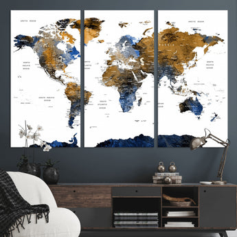 MGV-CV-48X32-3P - World Map Wall Art Canvas Print, Framed Blue Gold Map Art Picture Print, Rustic Atlas Perfect Rustic Modern Decor Artwork