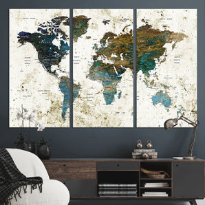 MGV-CV-48X32-3P - Vintage World Map Wall Art Canvas Print, Framed Rustic Earth Map Art Picture Print, Antique Map Perfect Rustic Vintage Decor Artwork