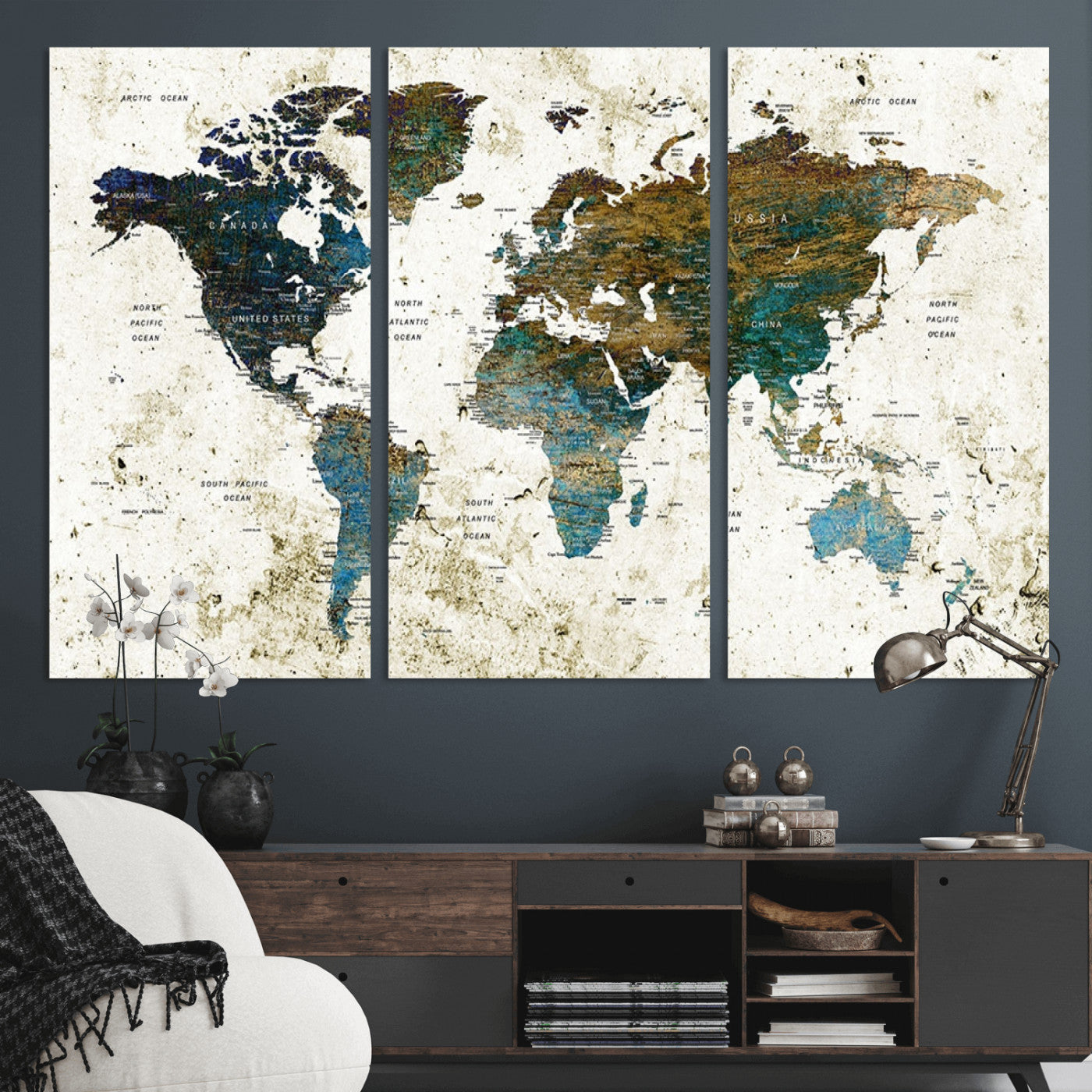 MGV-CV-48X32-3P - Vintage World Map Wall Art Canvas Print, Framed Rustic Earth Map Art Picture Print, Antique Map Perfect Rustic Vintage Decor Artwork