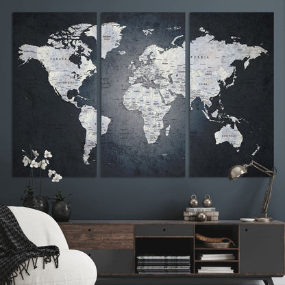 MGV-CV-48X32-3P - Monochrome World Map Wall Art Canvas Print, Framed Minimalist Map Art Picture Print, Modern Atlas Perfect Modern Minimalist Decor Artwork