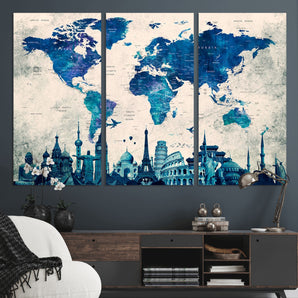 MGV-CV-48X32-3P - Blue World Map Wall Art Canvas Print, Framed Iconic Landmarks Art Picture Print, Blue Globe Map Perfect Elegant Explorer Decor Artwork
