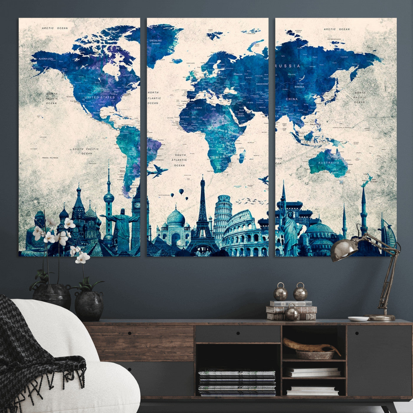 MGV-CV-48X32-3P - Blue World Map Wall Art Canvas Print, Framed Iconic Landmarks Art Picture Print, Blue Globe Map Perfect Elegant Explorer Decor Artwork