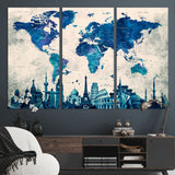 MGV-CV-48X32-3P - Blue World Map Wall Art Canvas Print, Framed Iconic Landmarks Art Picture Print, Blue Globe Map Perfect Elegant Explorer Decor Artwork
