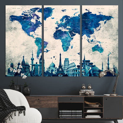 MGV-CV-48X32-3P - Blue World Map Wall Art Canvas Print, Framed Iconic Landmarks Art Picture Print, Blue Globe Map Perfect Elegant Explorer Decor Artwork