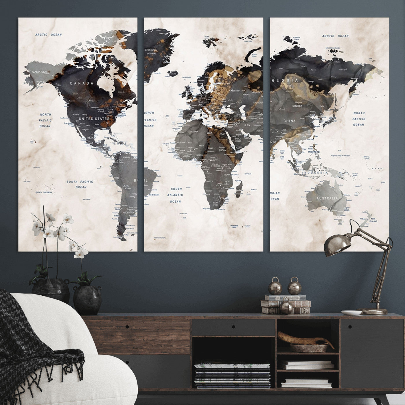 MGV-CV-48X32-3P - World Map Wall Art Canvas Print, Framed Rustic Map Art Picture Print, Antique Map Perfect Rustic Explorer Decor Artwork