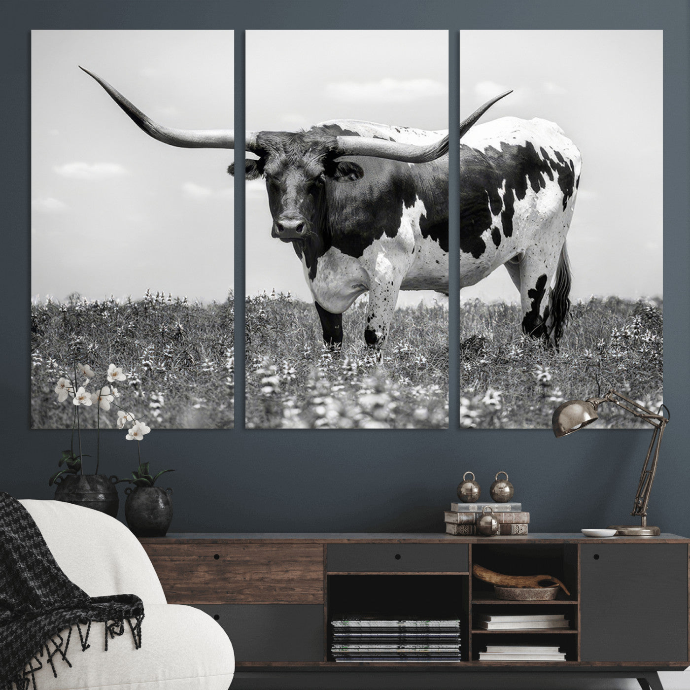 83785-MGV-CV-36X24-Texas Longhorn Wall Art Canvas Print, Framed Horned Bull Art Picture Print, Monochrome Cattle Perfect Rustic Western Decor Artwork
