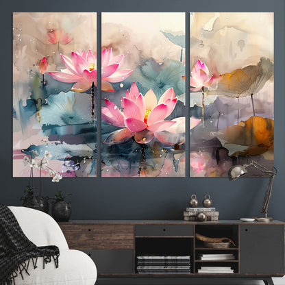 18414-MGV-CV-36X24-Pink Lotus Wall Art Canvas Print, Framed Water Lily Art Picture Print, Dreamy Floral Perfect Dreamy Botanical Decor Artwork