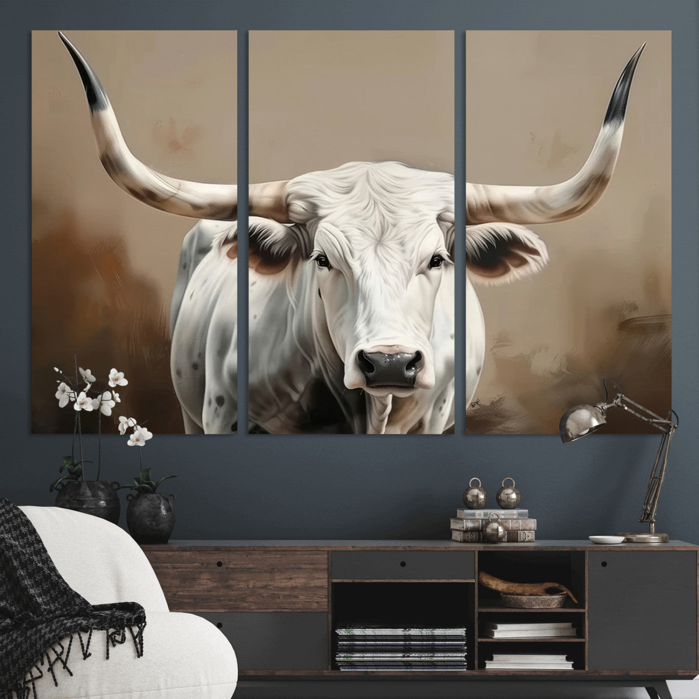 63550-MGV-CV-36X24-Texas Longhorn Wall Art Canvas Print, Framed White Bull Art Picture Print, Horned Cattle Perfect Rustic Western Decor Artwork