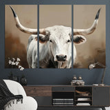 63550-MGV-CV-36X24-Texas Longhorn Wall Art Canvas Print, Framed White Bull Art Picture Print, Horned Cattle Perfect Rustic Western Decor Artwork