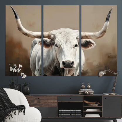 63550-MGV-CV-36X24-Texas Longhorn Wall Art Canvas Print, Framed White Bull Art Picture Print, Horned Cattle Perfect Rustic Western Decor Artwork