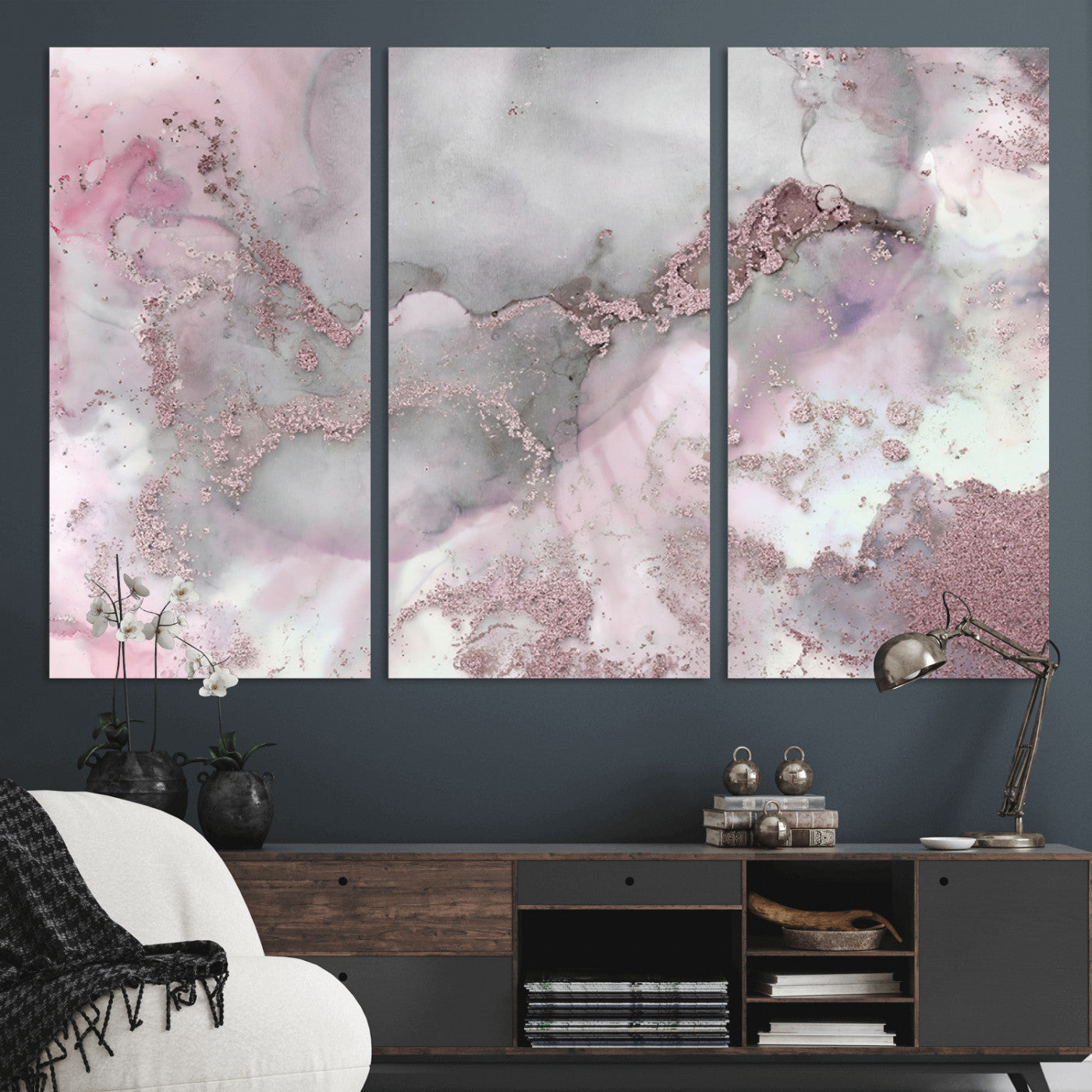 16416-MGV-CV-36X24-Blush Marble Wall Art Canvas Print, Framed Rose Gold Art Picture Print, Pink Cloudy Perfect Modern Glam Decor Artwork