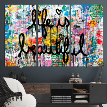 36856-MGV-CV-36X24-Life Is Beautiful Wall Art – Colorful Graffiti Canvas Print, Modern Street Style Artwork, Inspirational Decor for Living Room,