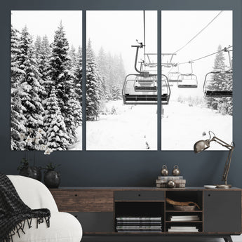 49274-MGV-CV-36X24-Snowy Forest Wall Art Canvas Print, Framed Ski Lift Art Picture Print, Mountain Snow Perfect Minimal Winter Lodge Decor Artwork