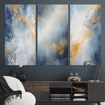 41836-MGV-CV-36X24-Abstract Gold Wall Art Canvas Print, Framed Blue Layers Art Picture Print, Elegant Cloud Perfect Elegant Minimalist Decor Artwork