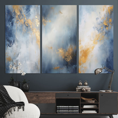 41836-MGV-CV-36X24-Abstract Gold Wall Art Canvas Print, Framed Blue Layers Art Picture Print, Elegant Cloud Perfect Elegant Minimalist Decor Artwork