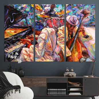 13675-MGV-CV-36X24-Jazz Band Wall Art Canvas Print, Framed Jazz Oil Painting Art Picture Print, Vibrant Music Perfect Abstract Musical Decor Artwork