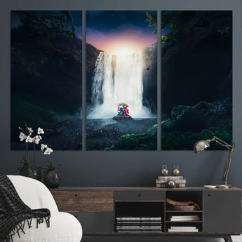 56359-MGV-CV-36X24-Lilo Stitch Wall Art Canvas Print, Framed Stitch Angel Art Picture Print, Cartoon Waterfall Perfect Tropical Fantasy Decor Artwork