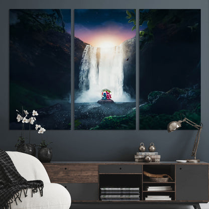 56359-MGV-CV-36X24-Lilo Stitch Wall Art Canvas Print, Framed Stitch Angel Art Picture Print, Cartoon Waterfall Perfect Tropical Fantasy Decor Artwork