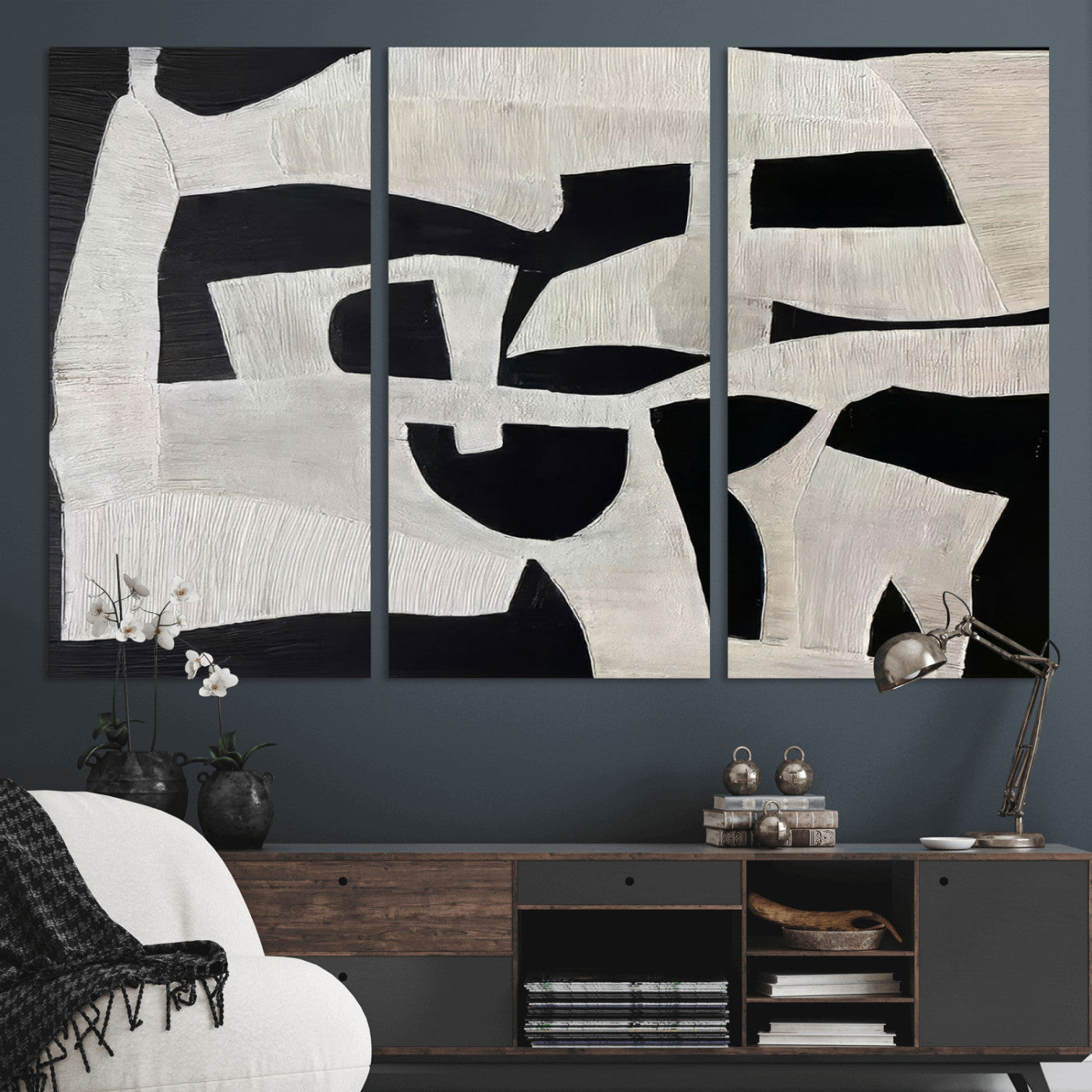 33714-MGV-CV-36X24-Monochrome Design Wall Art Canvas Print, Framed Modern Linework Art Picture Print, Textured Shapes Perfect Monochrome Modern Decor