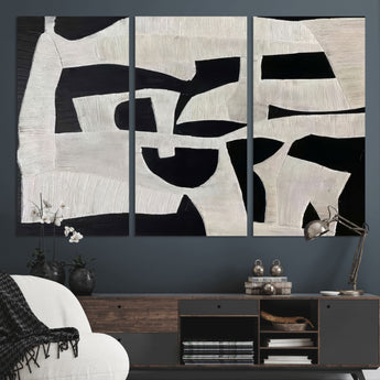 33714-MGV-CV-36X24-Monochrome Design Wall Art Canvas Print, Framed Modern Linework Art Picture Print, Textured Shapes Perfect Monochrome Modern Decor