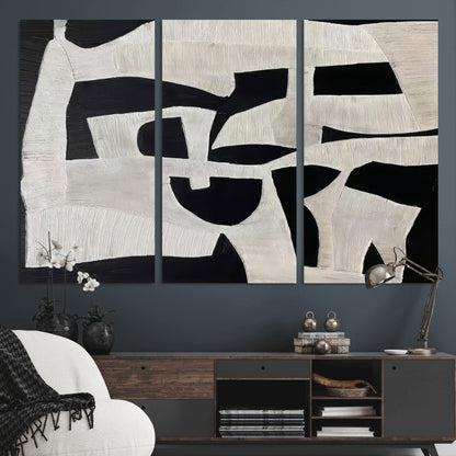 33714-MGV-CV-36X24-Monochrome Design Wall Art Canvas Print, Framed Modern Linework Art Picture Print, Textured Shapes Perfect Monochrome Modern Decor