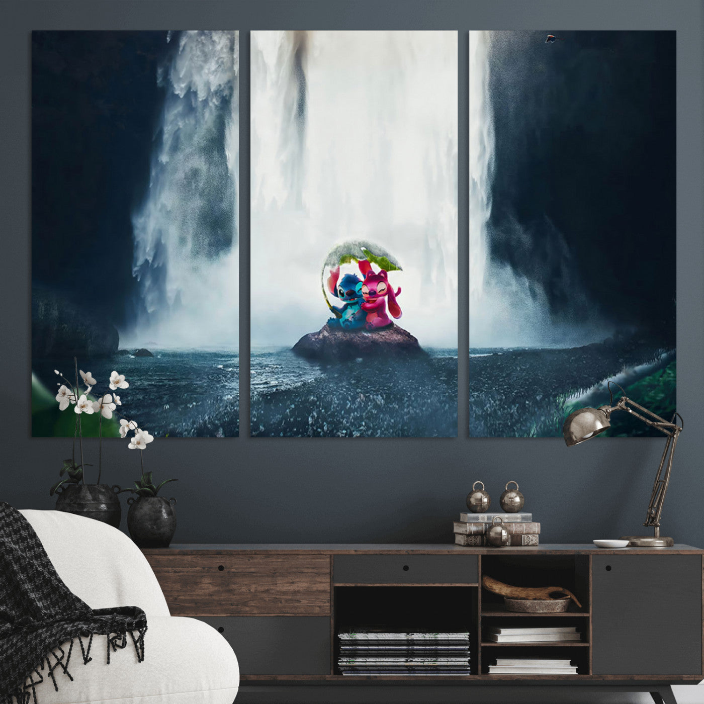 32259-MGV-CV-36X24-Stitch Angel Wall Art Canvas Print, Framed Stitch Waterfall Art Picture Print, Cartoon Couple Perfect Moody Fantasy Decor Artwork