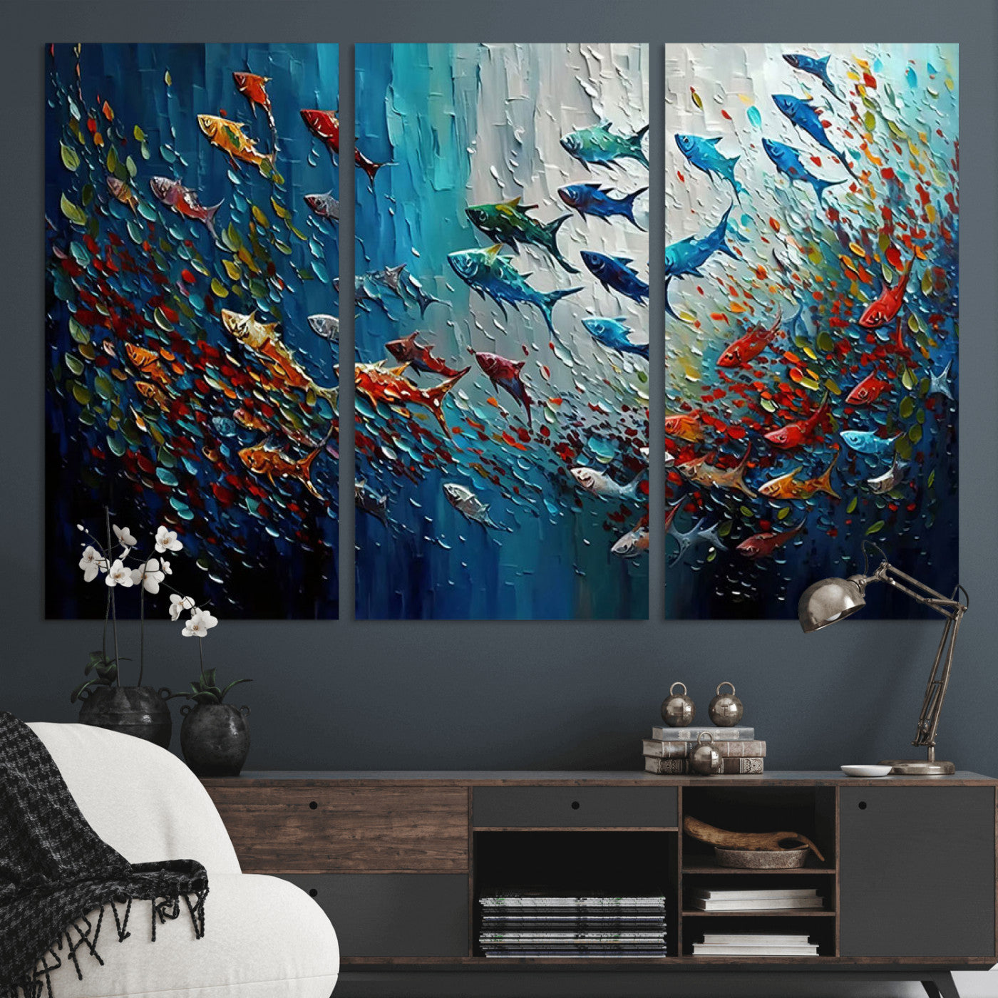 89626-MGV-CV-36X24-Fish Swarm Wall Art Canvas Print, Framed Abstract Ocean Art Picture Print, Underwater Life Perfect Vibrant Coastal Decor Artwork
