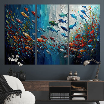 89626-MGV-CV-36X24-Fish Swarm Wall Art Canvas Print, Framed Abstract Ocean Art Picture Print, Underwater Life Perfect Vibrant Coastal Decor Artwork