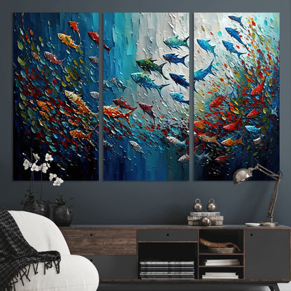 89626-MGV-CV-36X24-Fish Swarm Wall Art Canvas Print, Framed Abstract Ocean Art Picture Print, Underwater Life Perfect Vibrant Coastal Decor Artwork