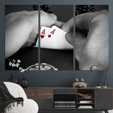 62460-MGV-CV-36X24-Poker Game Wall Art – Close Up of Hands Holding Aces with Chips, Casino Style Decor for Game Room, Man Cave or Office