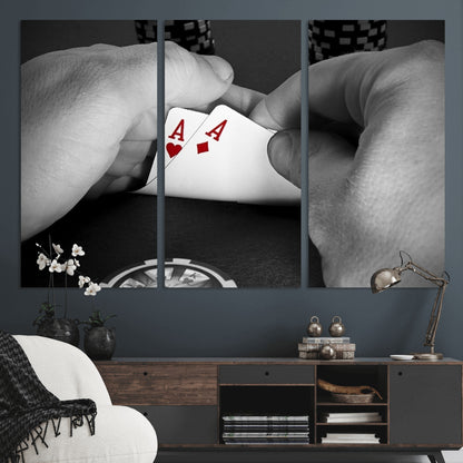 62460-MGV-CV-36X24-Poker Game Wall Art – Close Up of Hands Holding Aces with Chips, Casino Style Decor for Game Room, Man Cave or Office