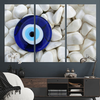 48883-MGV-CV-36X24-Evil Eye Wall Art – Deep Blue Symbol of Presence and Calm on White Stones, Subtle Spiritual Decor for Entryway, Studio, Office or
