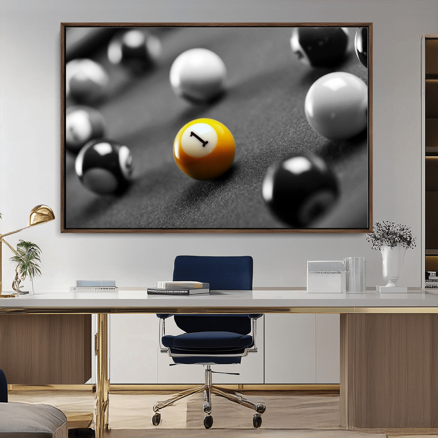 52108-MGV-CV-36X24-Precision Pool Table Wall Art – Close Up Yellow 1 Ball Canvas Print, Hand-Played Billiards Game Decor for Office, Game Room, or