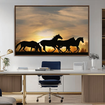16620-MGV-CV-36X24-Sunset Stallions Wall Art – Silhouetted Horses Running Canvas Print, Nature’s Rhythm, Perfect for Living Room, Office, or Man Cave
