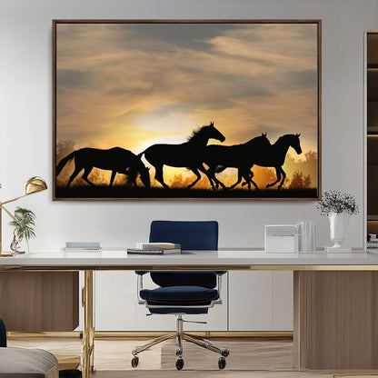 16620-MGV-CV-36X24-Sunset Stallions Wall Art – Silhouetted Horses Running Canvas Print, Nature’s Rhythm, Perfect for Living Room, Office, or Man Cave