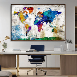 89870-MGV-CV-36X24-Colorful World Map Canvas Wall Art – Modern Abstract Travel Map Print, Vibrant Home and Office Decor