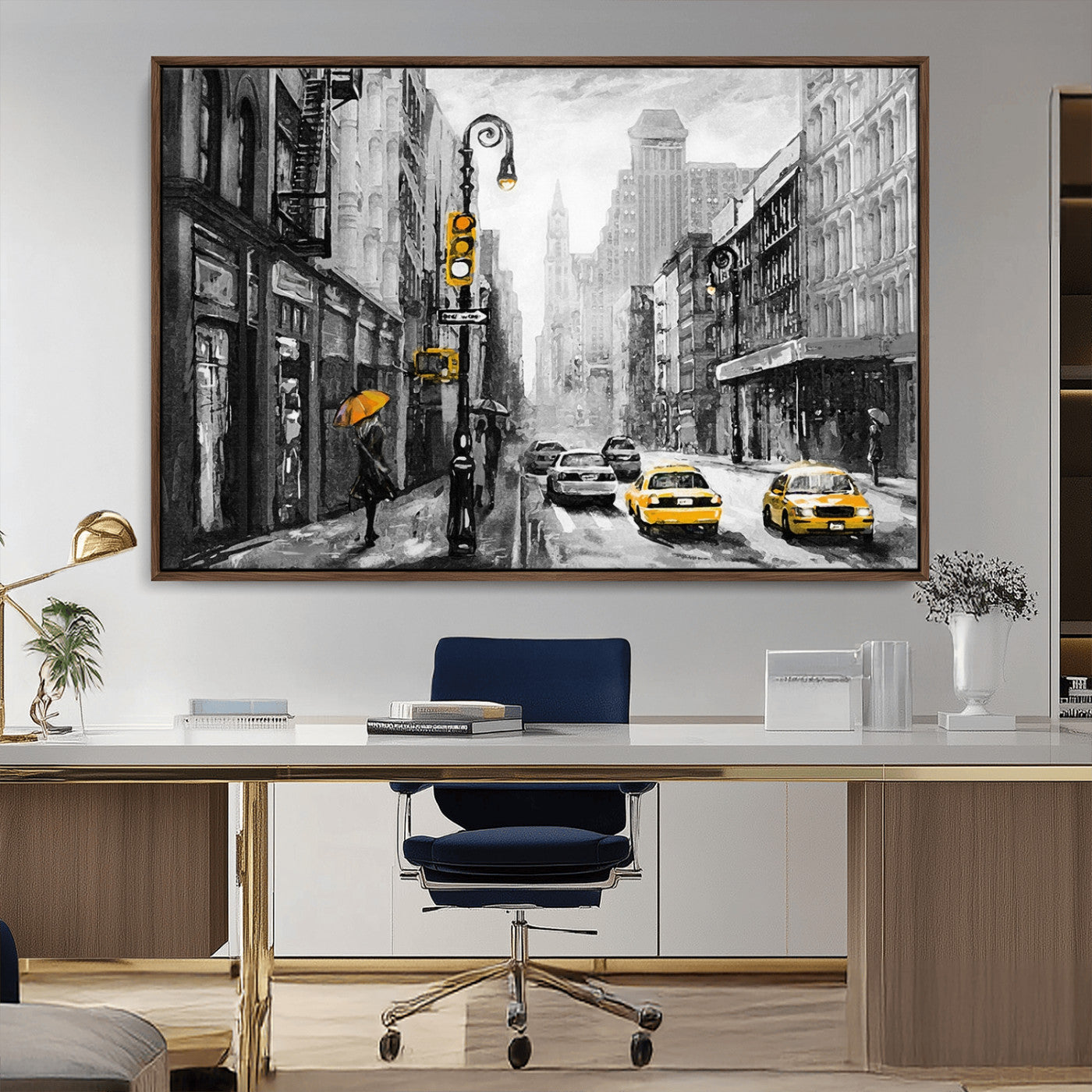 32362-MGV-CV-36X24-NYC Street Wall Art – Black and White Cityscape with Yellow Taxis and Umbrella Canvas Print, Urban Home Decor for Living Room or