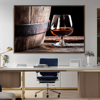 50839-MGV-CV-36X24-Barrel & Brandy Wall Art – Rustic Whiskey Barrel and Brandy Glass Canvas Print, Elegant Home Bar or Lounge Decor for Office, Man