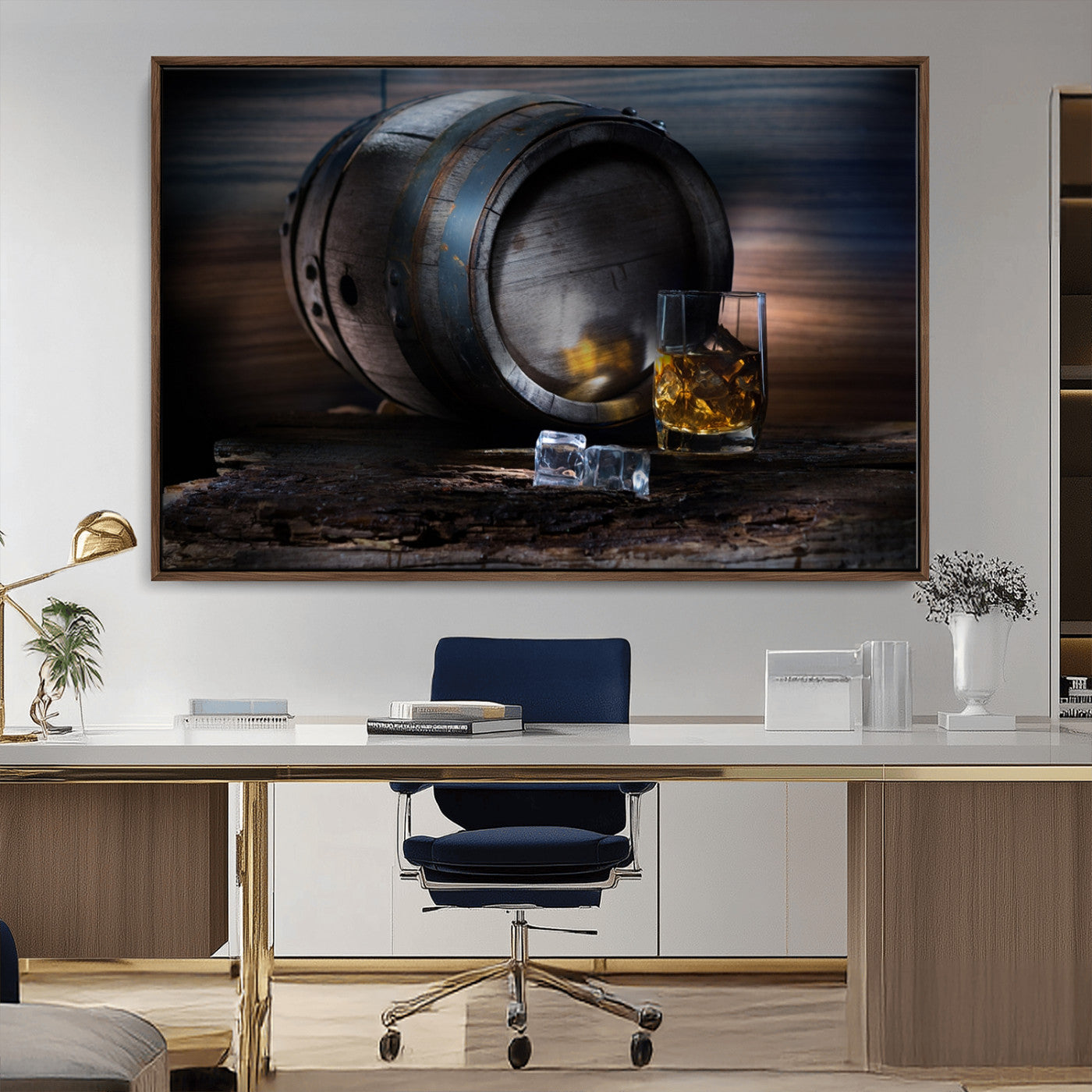 78049-MGV-CV-36X24-Whiskey Barrel Wall Art – Rustic Whiskey Barrel and Glass with Ice Canvas Print, Classic Bar or Lounge Decor for Home, Office, or