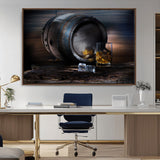 78049-MGV-CV-36X24-Whiskey Barrel Wall Art – Rustic Whiskey Barrel and Glass with Ice Canvas Print, Classic Bar or Lounge Decor for Home, Office, or