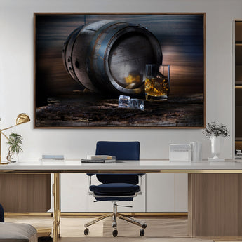 78049-MGV-CV-36X24-Whiskey Barrel Wall Art – Rustic Whiskey Barrel and Glass with Ice Canvas Print, Classic Bar or Lounge Decor for Home, Office, or