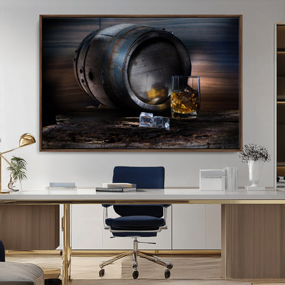 78049-MGV-CV-36X24-Whiskey Barrel Wall Art – Rustic Whiskey Barrel and Glass with Ice Canvas Print, Classic Bar or Lounge Decor for Home, Office, or