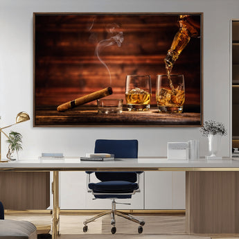 91042-MGV-CV-36X24-Whiskey & Cigar Wall Art – Elegant Whiskey Pour and Smoldering Cigar Canvas Print, Sophisticated Bar or Lounge Decor for Home,