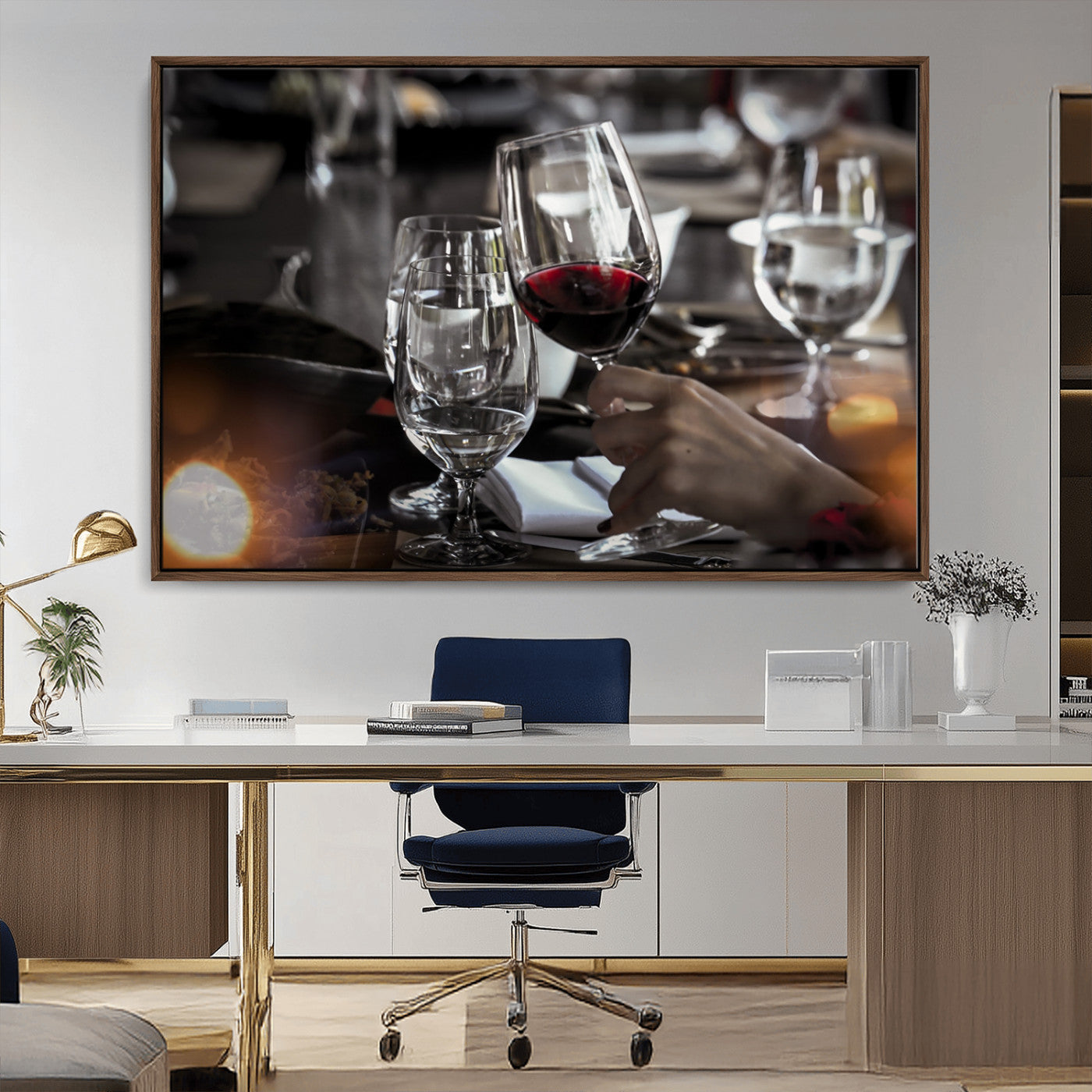 75513-MGV-CV-36X24-Elegant Wine Toast Wall Art – Close-Up Red Wine Glass at Dinner Table Canvas Print, Sophisticated Dining Room or Bar Decor