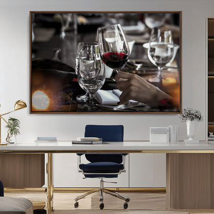 75513-MGV-CV-36X24-Elegant Wine Toast Wall Art – Close-Up Red Wine Glass at Dinner Table Canvas Print, Sophisticated Dining Room or Bar Decor