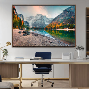 25982-MGV-CV-36X24-Autumn Mountain Lake Wall Art – Panoramic Fall Foliage and Snowy Peaks Canvas Print, Scenic Nature Decor for Living Room or Office