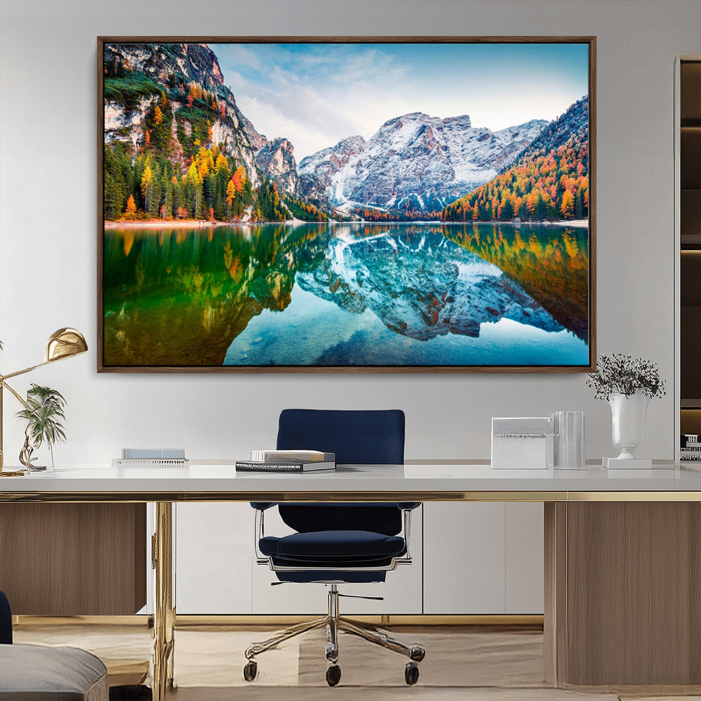 10402-MGV-CV-36X24-Snowy Mountain Lake Wall Art – Autumn Landscape Canvas Print with Reflection, Nature Decor for Living Room, Office, Bedroom or