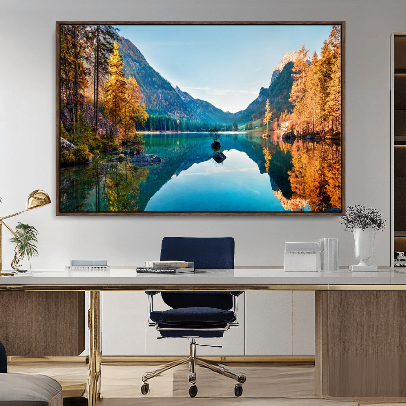 32962-MGV-CV-36X24-Mountain Lake Wall Art – Tranquil Autumn Landscape Canvas Print, Nature Reflection Decor for Living Room, Bedroom, Office or Cabin